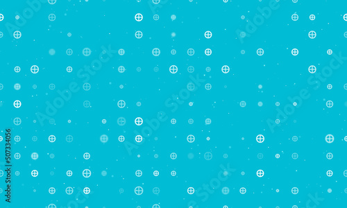 Seamless background pattern of evenly spaced white astrological earth symbols of different sizes and opacity. Vector illustration on cyan background with stars