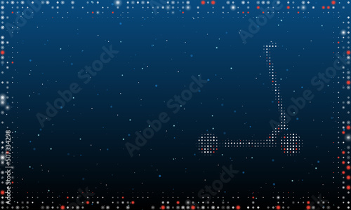 On the right is the kick scooter symbol filled with white dots. Pointillism style. Abstract futuristic frame of dots and circles. Some dots is red. Vector illustration on blue background with stars