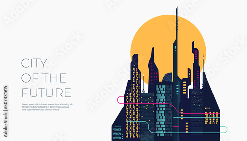 Urban landscape of future city with modern buildings on white background.