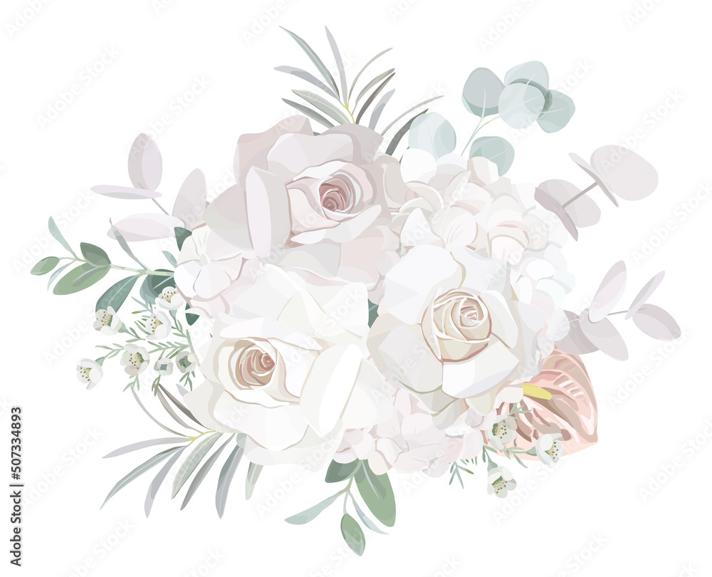 trendy rose hydrangea anthurium flowers, eucalyptus branches vector bouquet  illustration	
