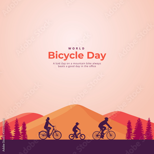 World Bicycle Day with Riders and Background Mountain. Vector Illustration
