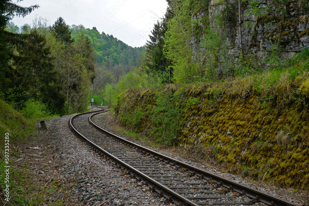 Obraz premium Eisenbahnschienen im Eyachtal bei Haigerloch
