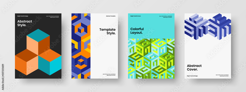 Multicolored mosaic hexagons corporate identity template collection. Clean handbill design vector concept set.