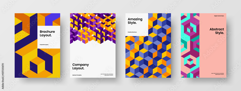 Amazing geometric tiles book cover layout set. Modern postcard A4 design vector illustration bundle.