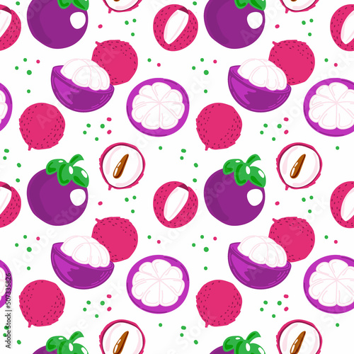 Fototapeta Naklejka Na Ścianę i Meble -  A seamless drawing of an exotic litchi and mangosteen fruit. Whole and half, hand-drawn in sketch style. Lychee. Mangosteen. Fruit. Vector simple illustration.