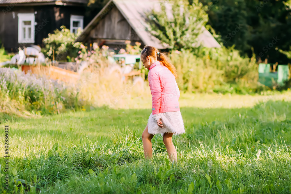 A little girl walks in the contryside in summer day. A little girl walks in the contryside in summer day.