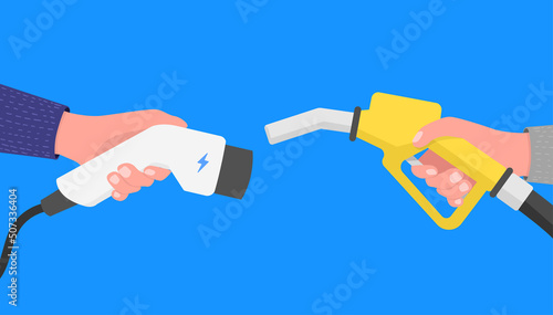 Hand holding gas pump and power connector for refuel.