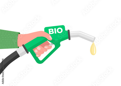 Hand holding a fuel nozzle with the inscription BIO. Biofuel concept vector.