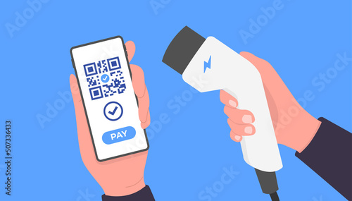 Charge an electric car with the scan app. Mobile payment, Cashless society concept.