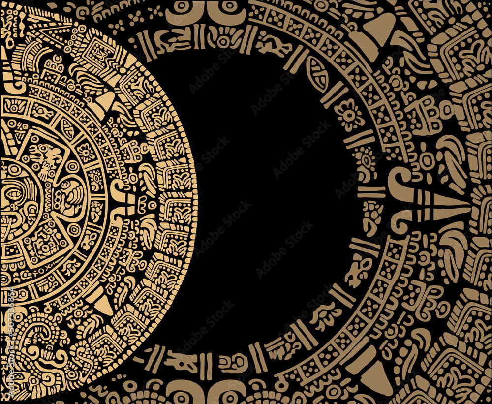 .Frames and abstract design with an ancient Mayan ornament.Images of characters of ancient American Indians.
The Aztecs, Mayans, Incas.Ancient signs of America on a black background. The Aztecs, Mayan