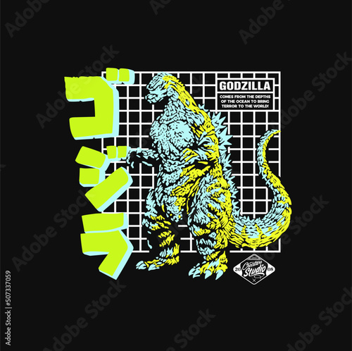 Godzilla vector T shirt design. Godzilla Lime text in Japanese. Kaiju from Japanese means Monster. Download it now photo