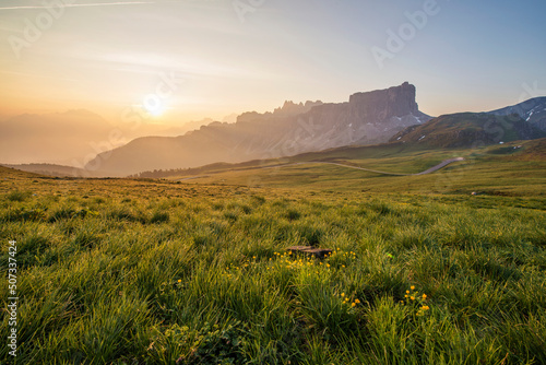 Mountain Panorama of the Dolomites as viewed from passo di Giau (as viewed from the mountain pass Giau). Photograph was taken just after the sunrise from the top of the pass. photo