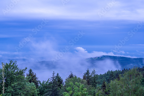 Landscape photos in the Bavarian Forest with fascinating clouds and blue sky