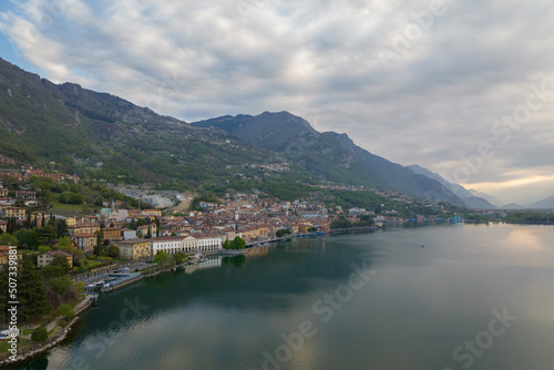 Nice view of Lake Iseo at morning, on the left the city of lovere which runs along the lake,Bergamo Italy.