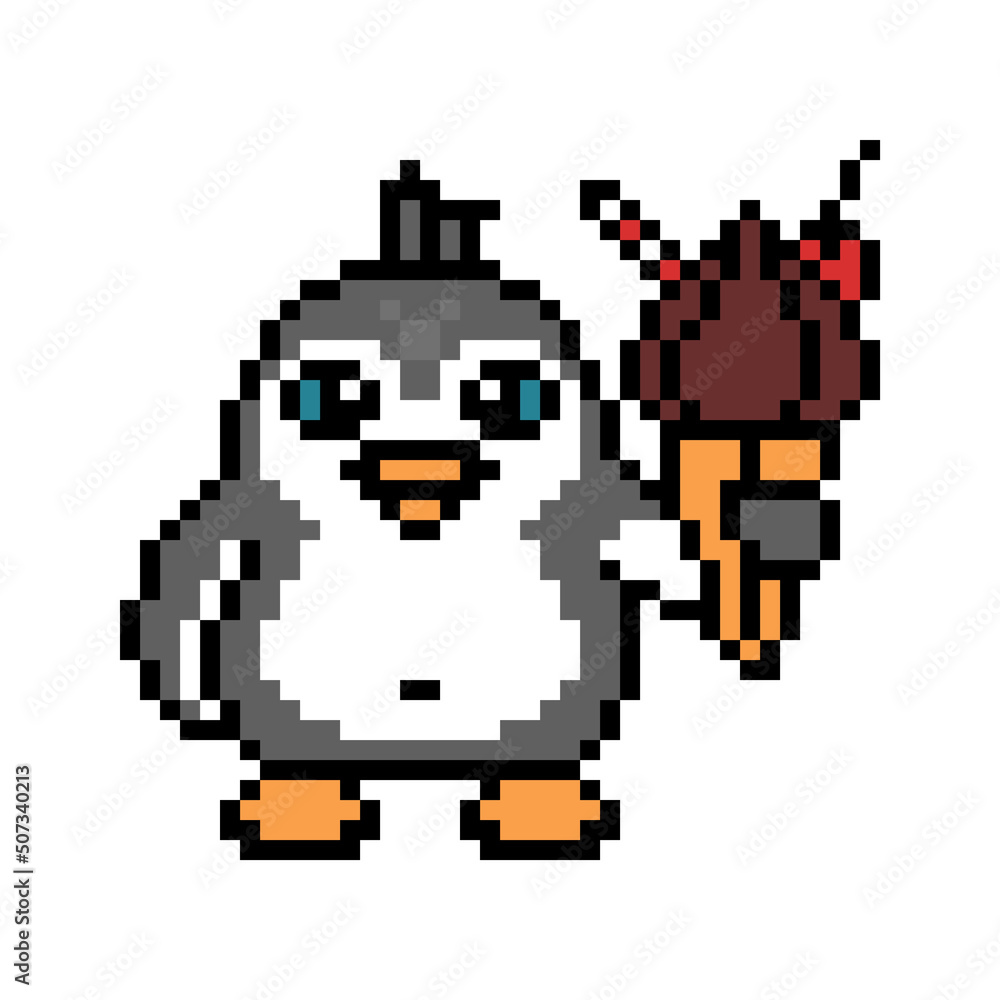 Happy penguin with a chocolate ice cream cone, cute pixel art animal character isolated on white background. Retro 80's-90's 8 bit slot machine, 2d video game graphics. Cartoon bird with a dessert Happy penguin with a chocolate ice cream cone, cute pixel art animal character isolated on white background. Retro 80's-90's 8 bit slot machine, 2d video game graphics. Cartoon bird with a dessert