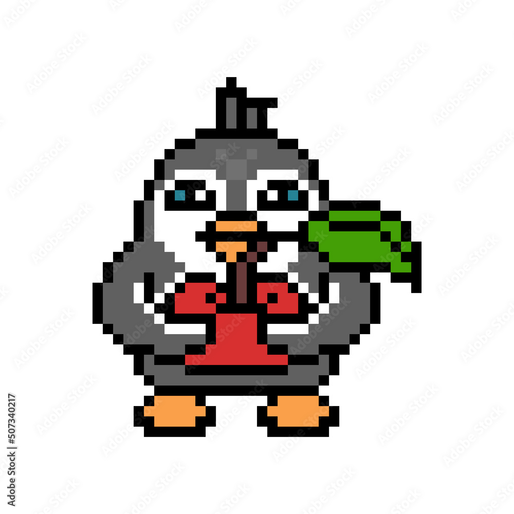 Obraz premium Happy penguin with a big red apple, cute pixel art animal character isolated on white background. Old school retro 80's-90's 8 bit slot machine, 2d video game graphics. Cartoon bird with a fruit.