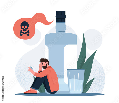 Drunk depressed man. Alcohol addiction and health problems. Sad man sitting next to bottle of alcoholic drink. Getting rid of bad habits and unhealthy lifestyle. Cartoon flat vector illustration.