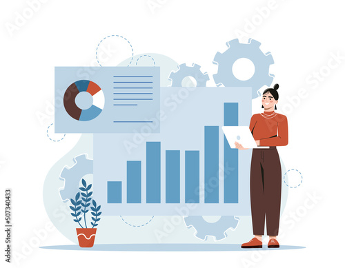 Employee working in office. Young female consultant analyzes data or business information on laptop. Statistics with graphs and charts. Financial success of company. Cartoon flat vector illustration.