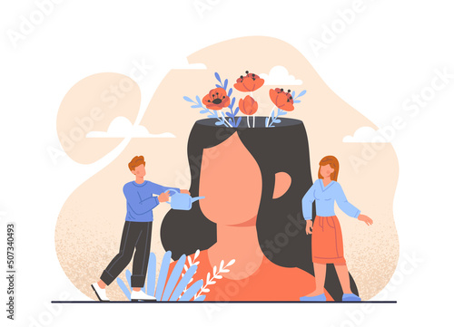 Beautiful flower garden inside head. Mental health and psychological stability. People watering plants on head. Taking care of mind. Help and support for happy life. Cartoon flat vector illustration.
