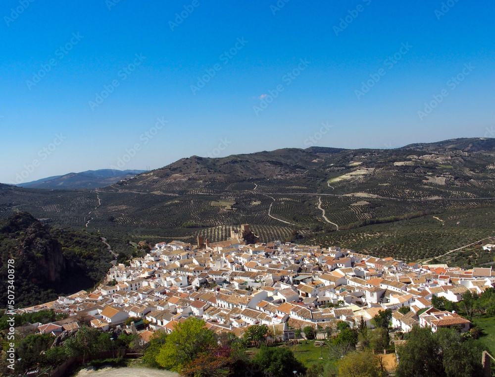 View of the town of Zuheros with its wonderful castle (9th century). Zuheros, Cordoba, Spain.