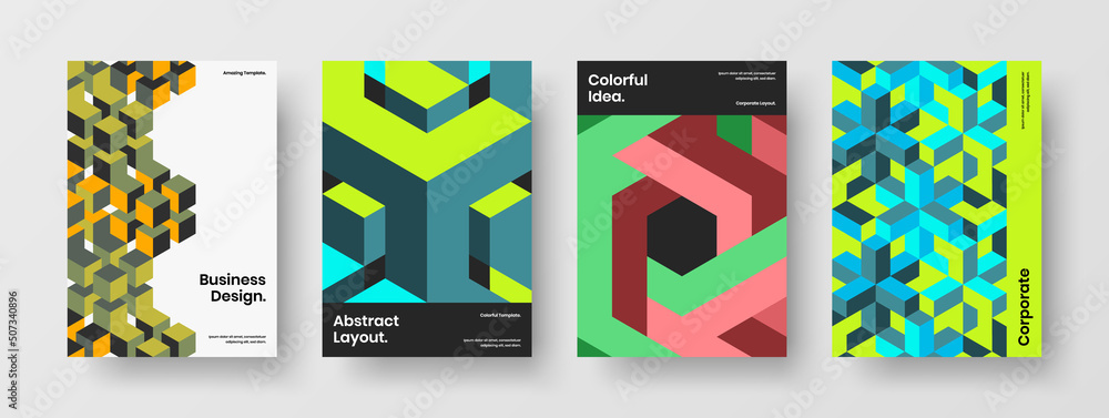 Vivid geometric pattern corporate brochure concept collection. Simple booklet vector design template set. Vivid geometric pattern corporate brochure concept collection. Simple booklet vector design template set.