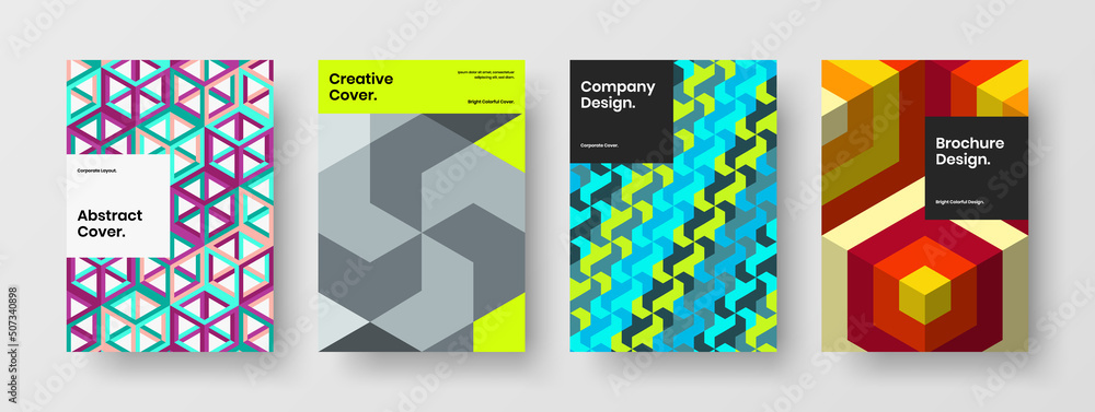 Unique company identity A4 vector design template collection. Original geometric shapes leaflet layout bundle.