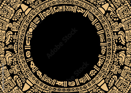 Rounded frames made of symbols of the Mayan calendar. Abstract design with an ancient Mayan ornament. Images of characters of ancient American Indians. The Aztecs, Mayans, Incas. Ancient signs of Ame