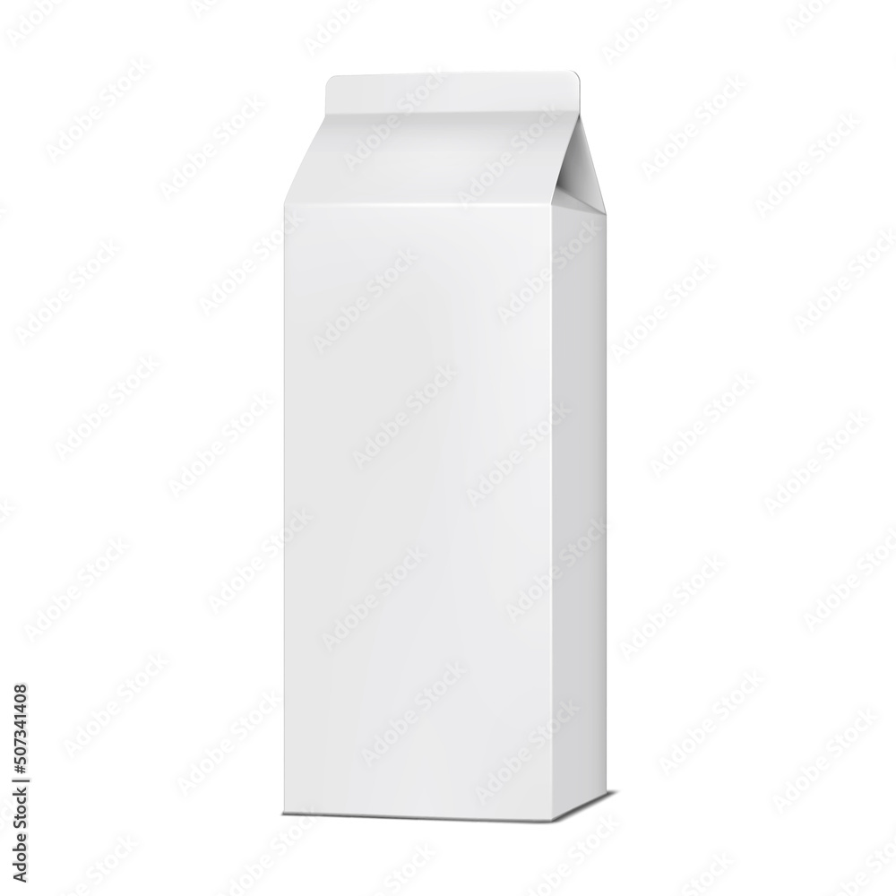 Blank white tall gable top carton realistic vector mockup. Paperboard box for milk, juice or other food product mock-up Blank white tall gable top carton realistic vector mockup. Paperboard box for milk, juice or other food product mock-up