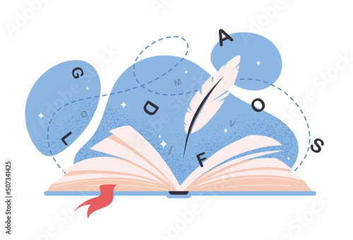 International literacy day. Concept of education and training activities. Greeting card with book and quill for writing. Learning grammar and reading literature. Cartoon flat vector illustration. photo