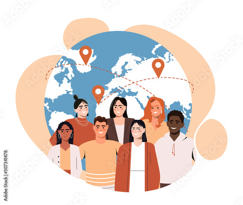 Concept of international migration. Resettlement of population. People of different nationalities moving to other countries. Globe with continents and borders. Cartoon flat vector illustration.