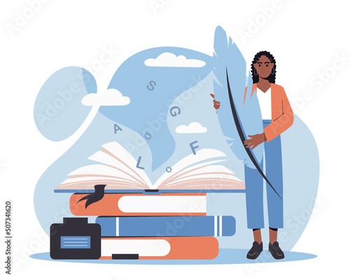 Creative profession of writer. Young smiling woman author of literature, novels and articles holds feather and stands next to stack of books. Creating poem to read. Cartoon flat vector illustration