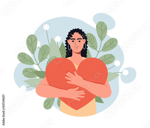 Love yourself and acceptance of your personality. Happy woman surrounded by plants holds big heart in her hands. Taking care and supporting your psychological health. Cartoon flat vector illustration.