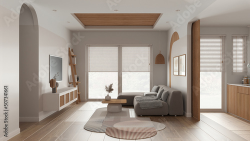 Modern wooden living room in white tones, velvet sofa with carpet and side table, rattan commode with television. Big window with blinds, parquet and cane ceiling. Interior design