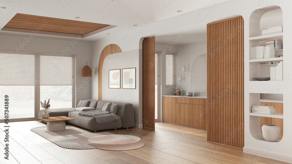 Fototapeta premium Modern wooden kitchen and living room in white tones, velvet sofa with carpet and side table, sliding door, shelves. Big window with blinds, parquet and cane ceiling. Interior design