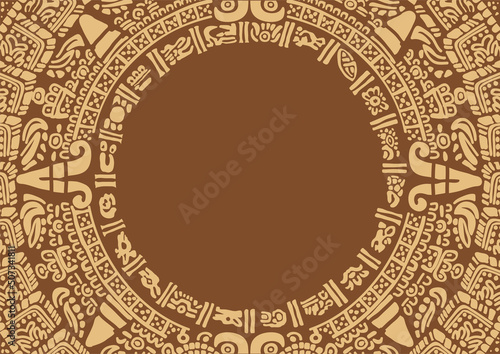 Rounded frames made of symbols of the Mayan calendar. Ancient Mayan ornament.  Images of characters of ancient American Indians.
The Aztecs, Mayans, Incas. Ancient signs of America on a black backgrou