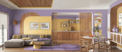 Canvas Print Panoramic view of modern wooden kitchen, dining and living room in yellow and purple tones, sofa and table with chairs, sliding door