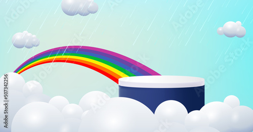 Cloud and rainbow stage with product podium - Monsoon sale concept
