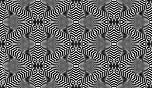 Hexagonal geometric seamless pattern. Repeatable ornament of black stripes and shapes.