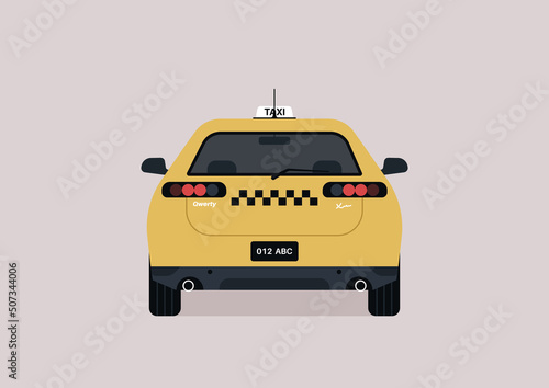 A yellow taxi cab with a checkered pattern, a rear view