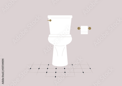 A ceramic toilet bowl and a metal paper holder, a vintage bathroom interior