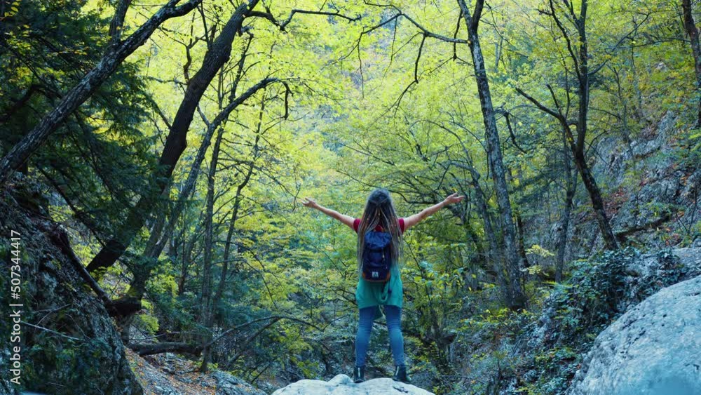 Faceless slender girl with backpack stands on stone, slowly raises hands up through sides in forest. Back view. Young woman is filled with energy of nature, restores strength, reviving, recovering Faceless slender girl with backpack stands on stone, slowly raises hands up through sides in forest. Back view. Young woman is filled with energy of nature, restores strength, reviving, recovering