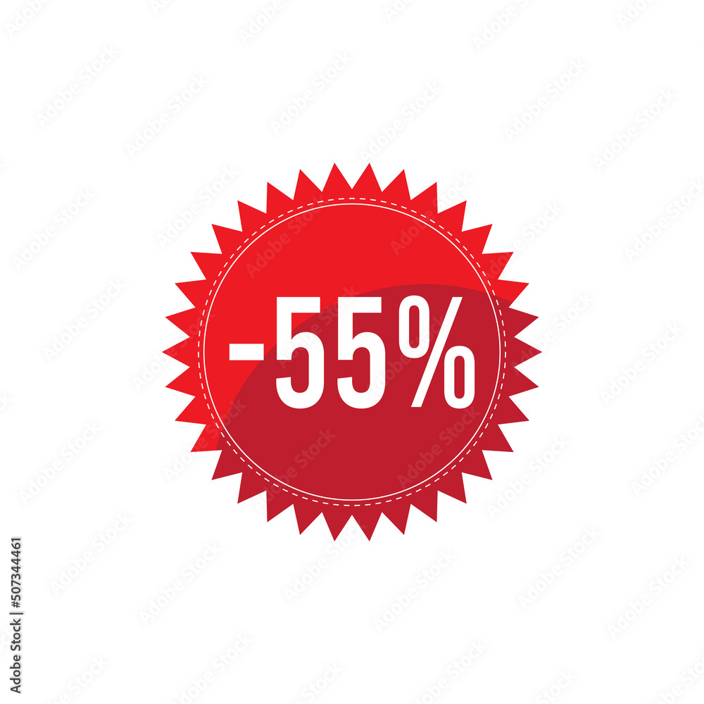 -55% discount badge vector design on white background. Promotional shopping round label stamp in red color for ad campaign
