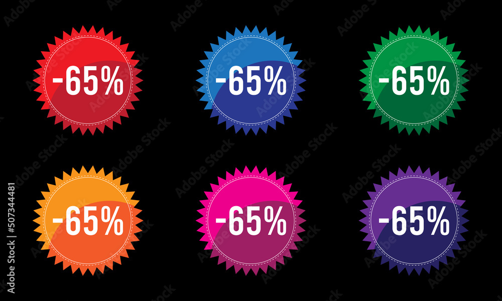 Minus 65 % discount badge design vector sticker set on black background in six different colors for promotional advertising campaign Minus 65 % discount badge design vector sticker set on black background in six different colors for promotional advertising campaign