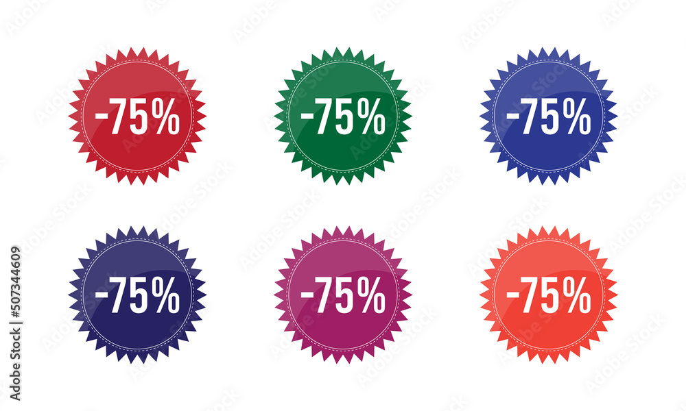 -75 % Disacount stamp promotional badge design vector sticker set on white background in six different color -75 % Disacount stamp promotional badge design vector sticker set on white background in six different color