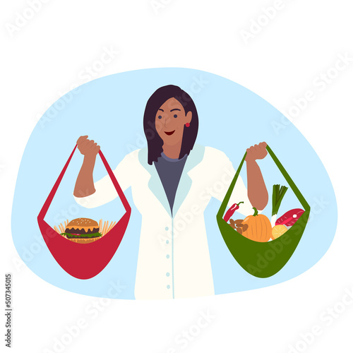 Nutritionist show right and wrong type of nutrition. healthy lifestyle and diet concept