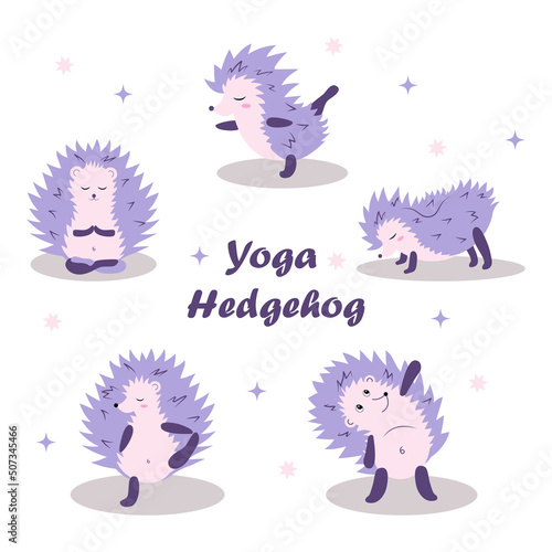 hedgehog meditation. Forest animals meditate. Animal yoga. Vector flat cute cartoon illustration