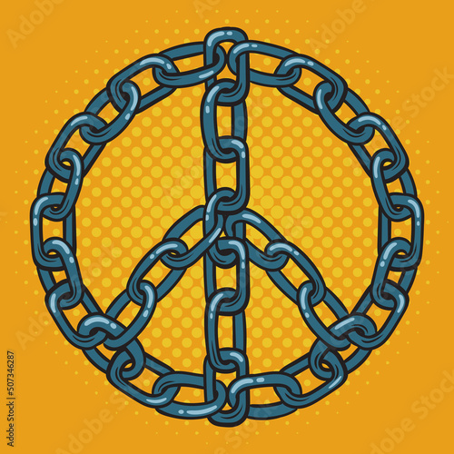 Peace symbol made of common metal short link chain pop art retro vector illustration. Comic book style imitation.