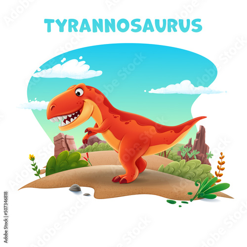 cartoon tyrannosaurus in landscape with mountains and plants rocks trees