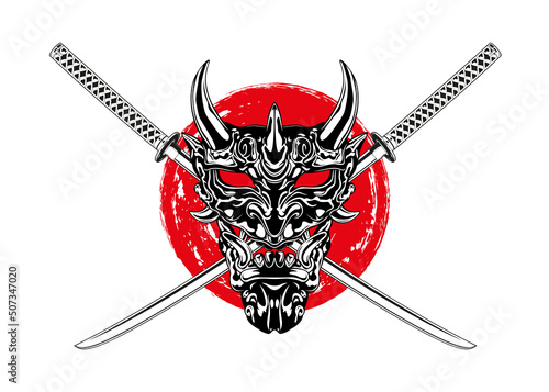 Japanese warrior mask and two crossed katana. Isolated vector template on white background