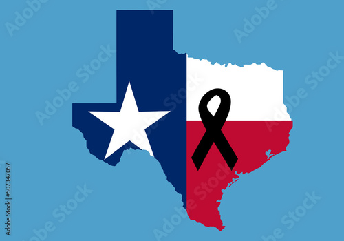 Mapa de Texas con su bandera y el lazo negro en señal de luto